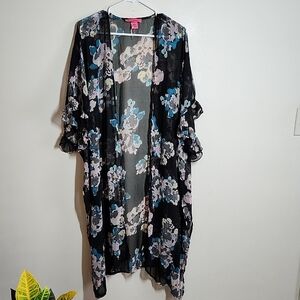 Betsey Johnson Black Floral Kimono OS Ruffle Trim Sleeve